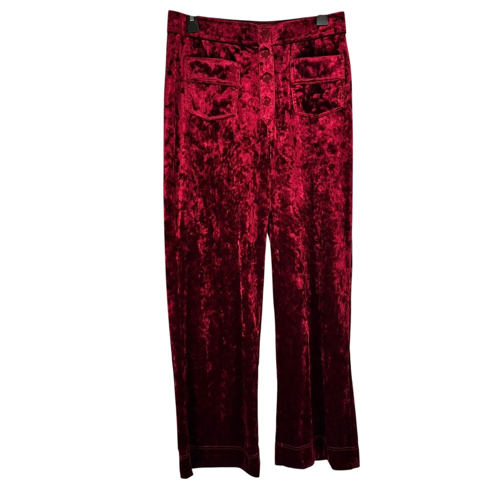 Halara Burgundy Crushed Velvet High Waisted Button Front Straight Leg Pants SZ L